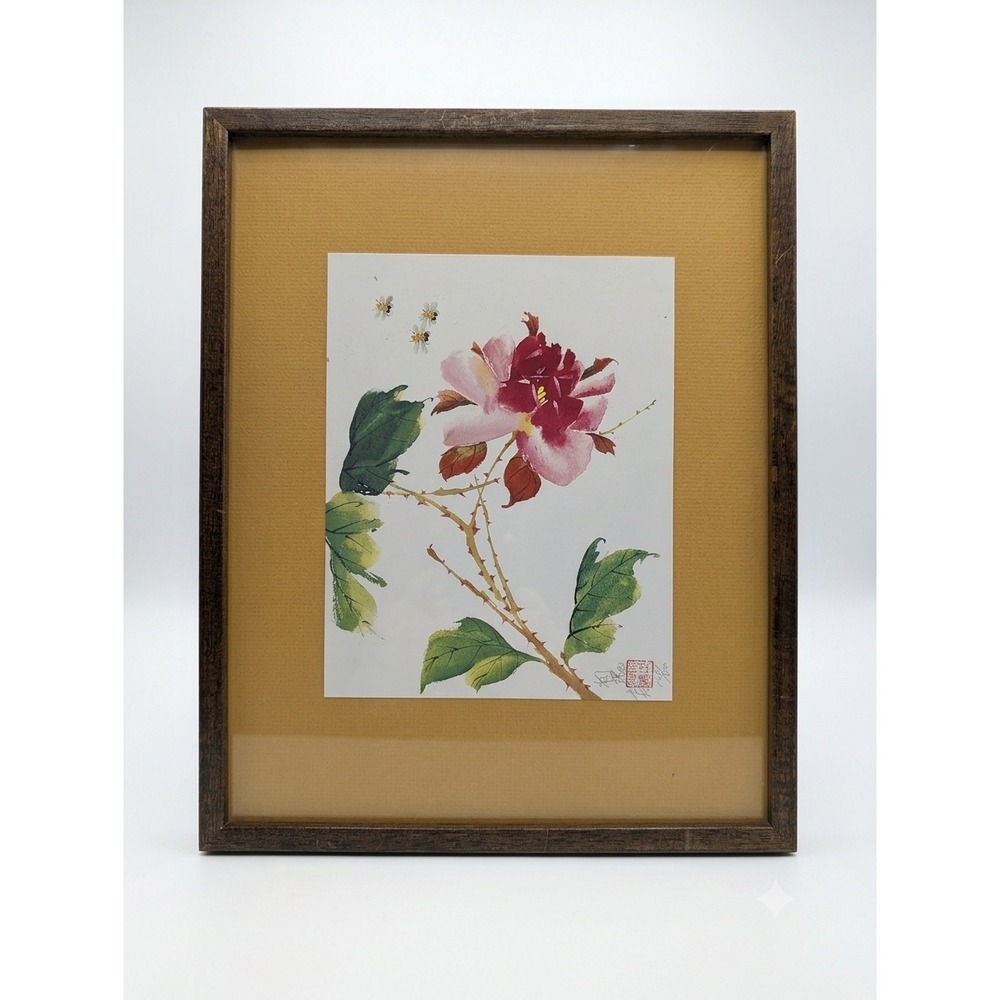 Vintage 70s Suen Yau Rose and Bees Watercolor Print Framed Art 108/200